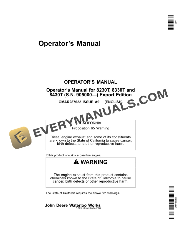 John Deere 8230t 8330t 8430t Tractors Operator Manuals OMAR287622-1