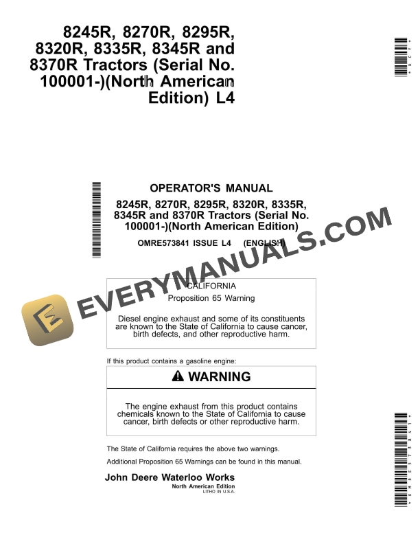 John Deere 8245R, 8270R, 8295R, 8320R, 8335R, 8345R and 8370R Tractor Operator Manual OMRE573841-1