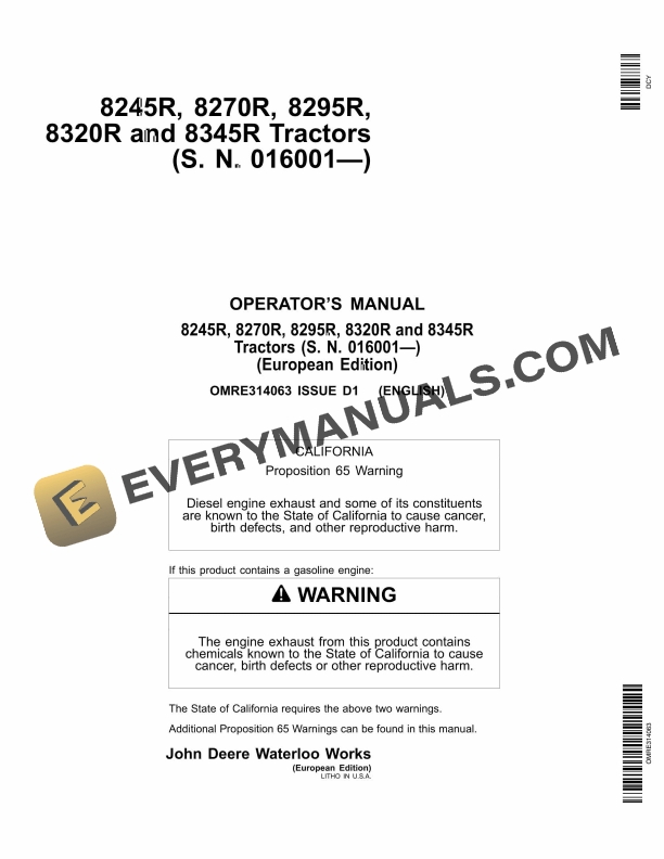 John Deere 8245r, 8270r, 8295r, 8320r And 8345r Tractors Operator Manuals OMRE314063-1