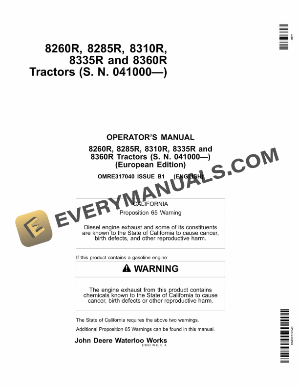 John Deere 8260r, 8285r, 8310r, 8335r And 8360r Tractors Operator Manuals OMRE317040-1