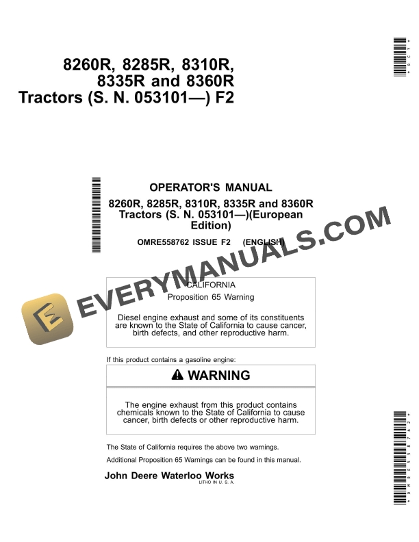 John Deere 8260r, 8285r, 8310r, 8335r And 8360r Tractors Operator Manuals OMRE558762-1