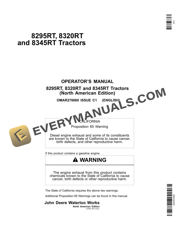 John Deere 8295RT, 8320RT and 8345RT Tractor Operator Manual OMAR276060-1