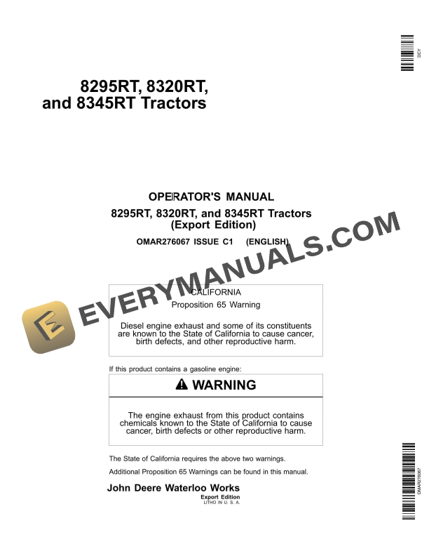 John Deere 8295rt, 8320rt, And 8345rt Tractors Operator Manuals OMAR276067-1