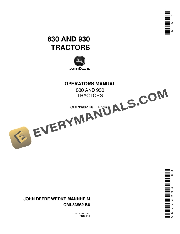John Deere 830 And 930 Tractors Operator Manuals OML33962-1