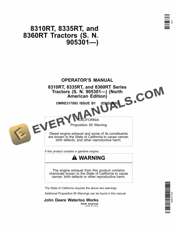 John Deere 8310RT, 8335RT, and 8360RT Tractor Operator Manual OMRE317093-1
