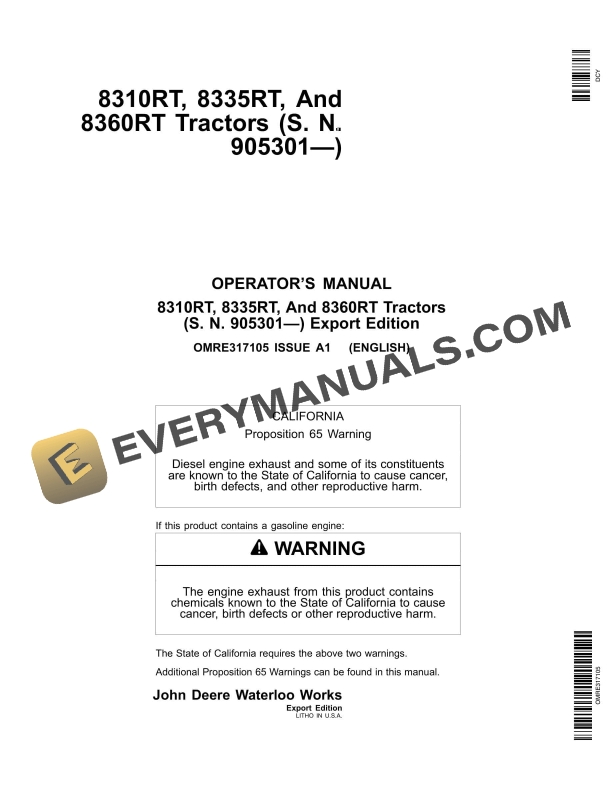 John Deere 8310rt, 8335rt, And 8360rt Tractors Operator Manuals OMRE317105-1