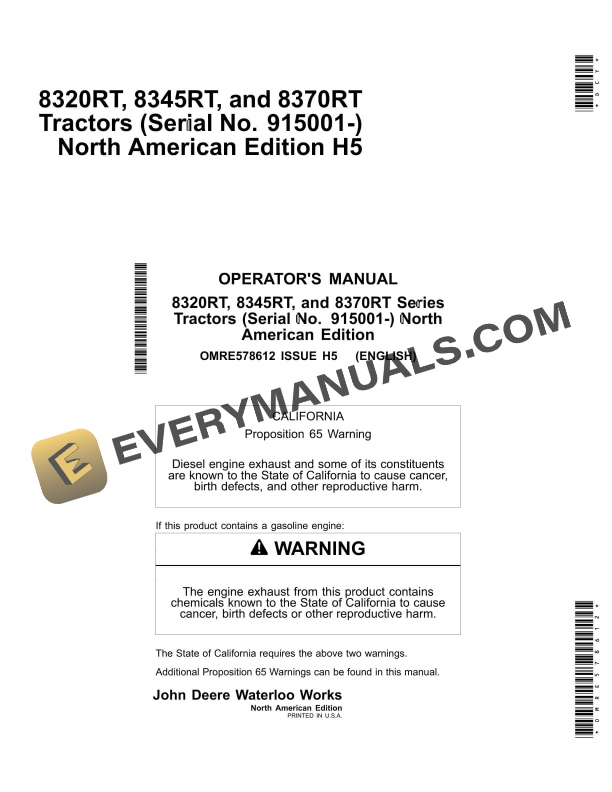 John Deere 8320RT, 8345RT, and 8370RT Tractor Operator Manual OMRE578612-1