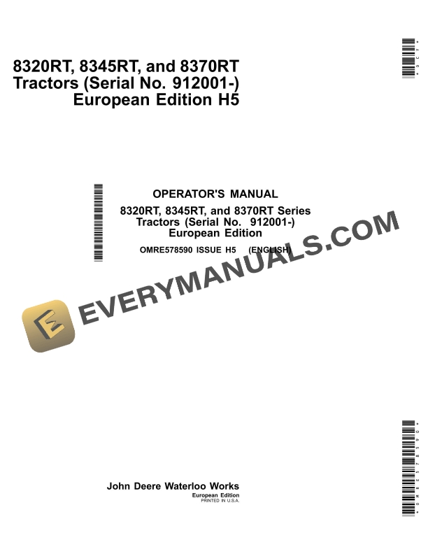 John Deere 8320rt, 8345rt, And 8370rt Series Tractors Operator Manuals OMRE578590-1