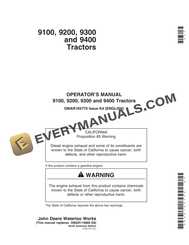 John Deere 9100, 9200, 9300 and 9400 Tractor Operator Manual OMAR165770-1