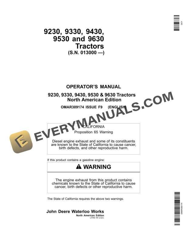 John Deere 9230 9330 9430 9530 9630 Tractor Operator Manual OMAR309174-1