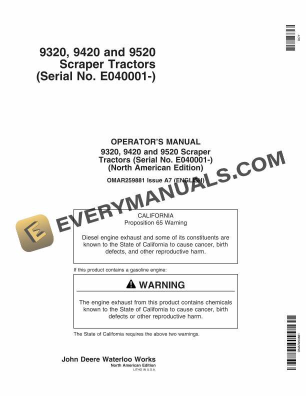 John Deere 9320, 9420 And 9520 Scraper Tractors Operator Manuals OMAR259881-1