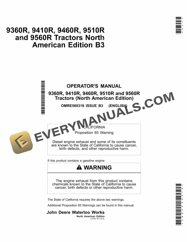 John Deere 9360R, 9410R, 9460R, 9510R, 9560R Tractors Operator Manual OMRE560318 3 John Deere 9360R, 9410R, 9460R, 9510R and 9560R Tractor Operator Manual OMRE560318-1