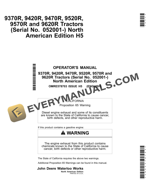 John Deere 9370R, 9420R, 9470R, 9520R, 9570R, 9620R Tractors Operator Manual OMRE578703 1 John Deere 9370R, 9420R, 9470R, 9520R, 9570R and 9620R Tractor Operator Manual OMRE578703-1