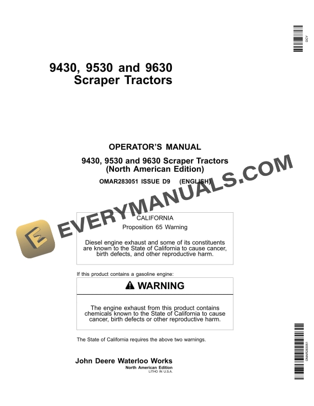 John Deere 9430 9530 9630 Tractor Operator Manual OMAR283051-1