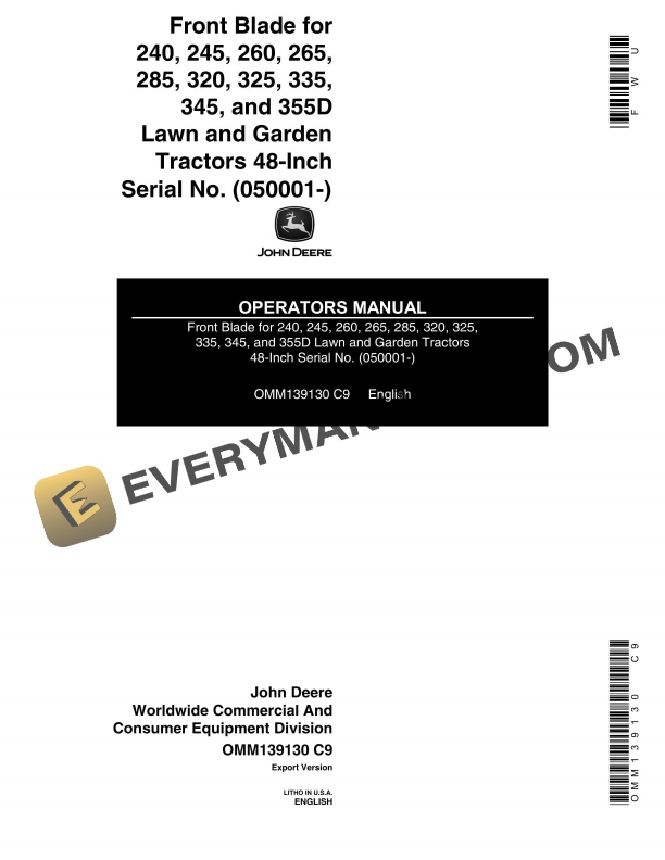 John Deere Front Blade For 240, 245, 260, 265, 285, 320, 325,335, 345, And 355d Lawn And Garden Tractors Operator Manuals 48-inch OMM139130-1
