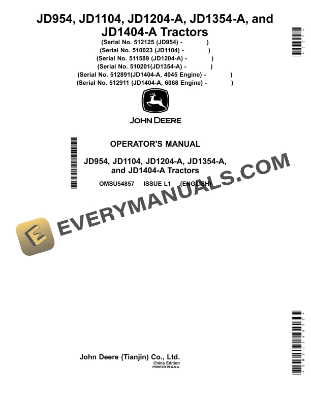 John Deere Jd954, Jd1104, Jd1204-a, Jd1354-a, And Jd1404-a Tractors Operator Manuals OMSU54857-1