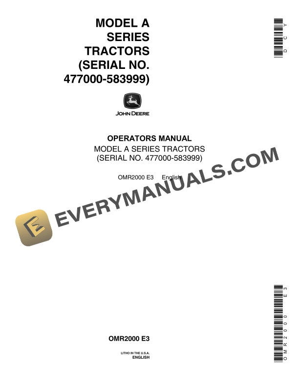 John Deere Model A Tractor Operator Manual OMR2000-1