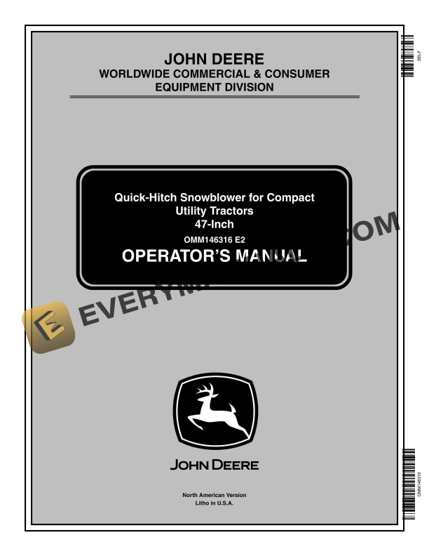 John Deere Quick-hitch Snowblower For 47-inch Compact Utility Tractors Operator Manuals OMM146316-1