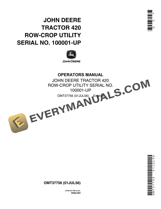 John Deere Row-crop Utility 420 Tractor Operator Manual OMT3775-1