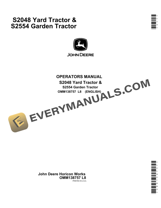 John Deere S2048 S2554 Tractor Operator Manual OMM138757-1