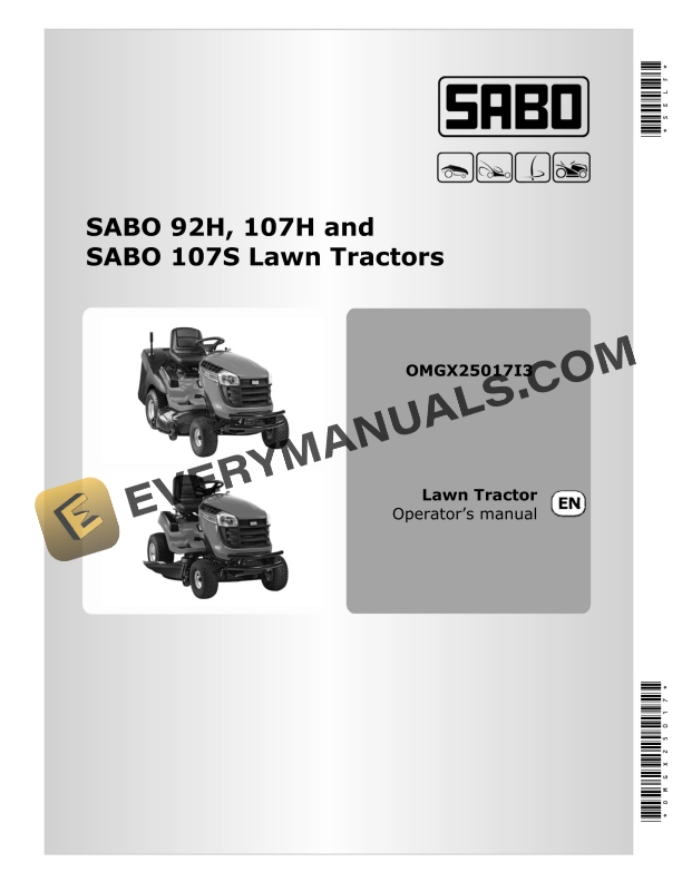 John Deere Sabo 92h, 107h And Sabo 107s Lawn Tractors Operator Manuals OMGX25017-1