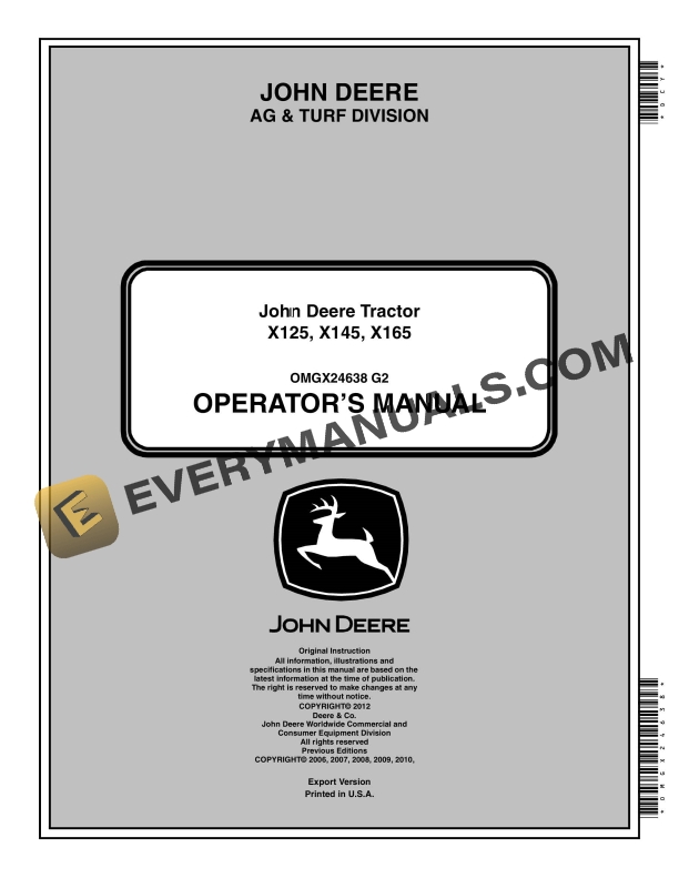 John Deere X125, X145, X165 Tractors Operator Manual OMGX24638-1