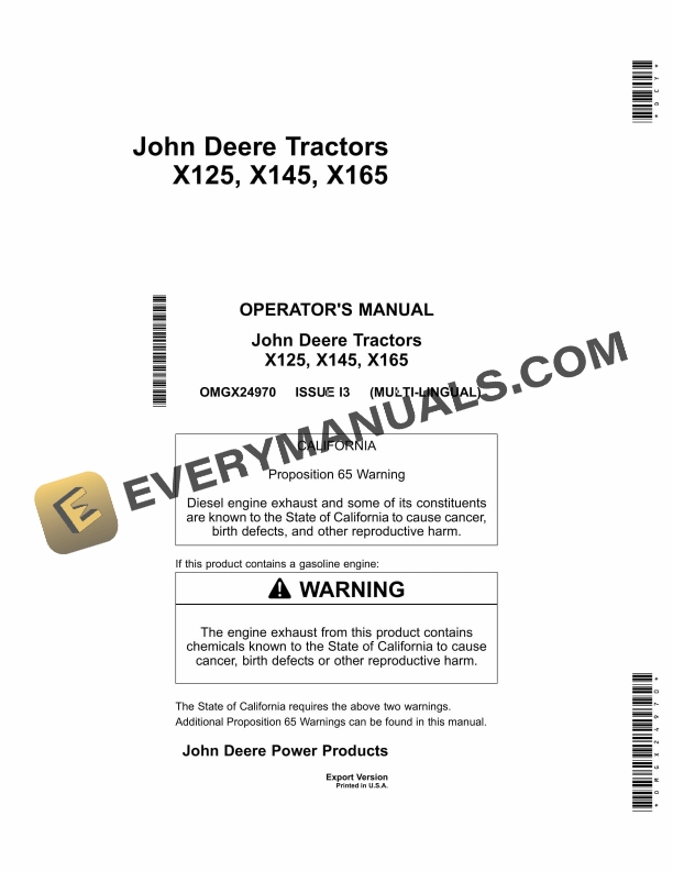 John Deere X125, X145, X165 Tractors Operator Manual OMGX24970-1