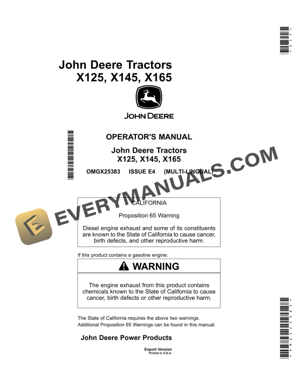 John Deere X125, X145, X165 Tractors Operator Manual OMGX25383 1 John Deere X125, X145, X165 Tractors Operator Manuals OMGX25383-1