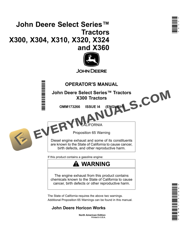 John Deere X300, X304, X310, X320, X324 and X360 Tractor Operator Manual OMM173266-1