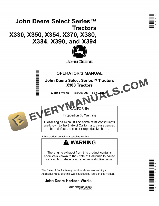 John Deere X330, X350, X354, X370, X380, X384, X390, and X394 Tractor Operator Manual OMM174375-1