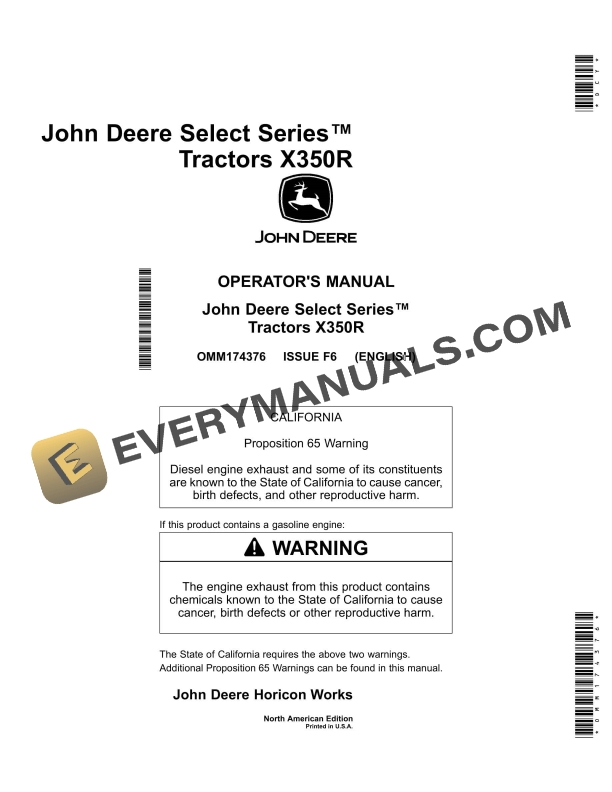 John Deere X350R Select Series Tractors Operator Manual OMM174376 3 John Deere X350R Tractor Operator Manual OMM174376-1
