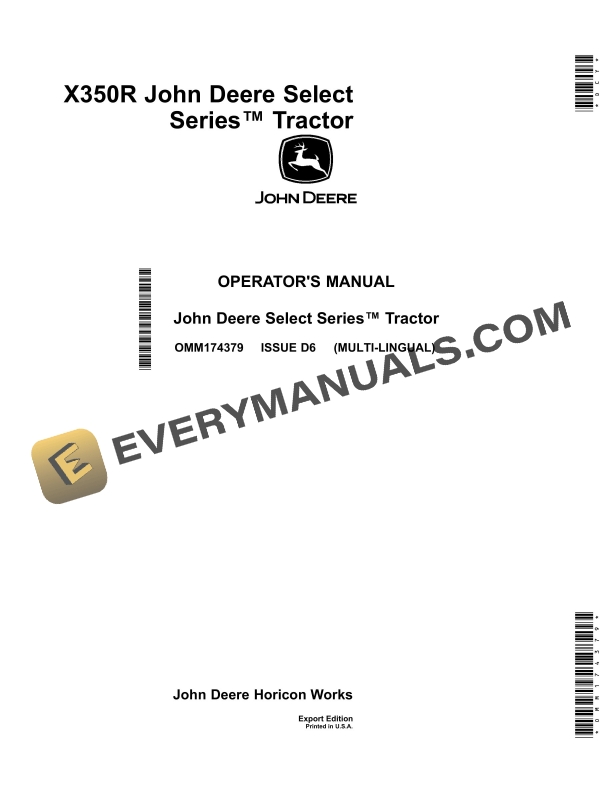 John Deere X350r Select Series Tractors Operator Manual OMM174379-1