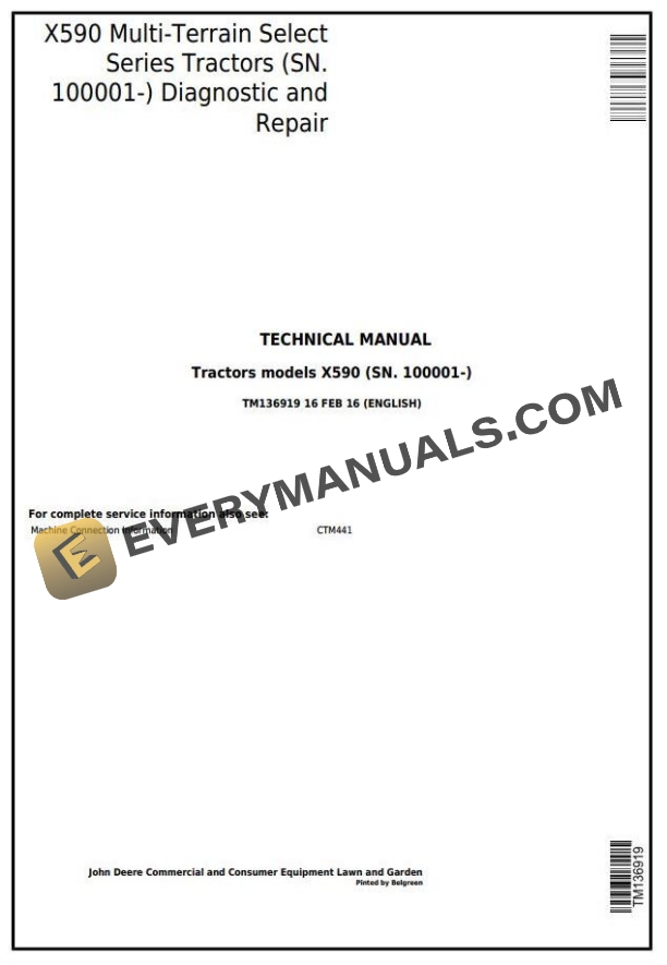 John Deere X590 Multi-Terrain Select Series Tractor Diagnostic Repair Manual TM136919