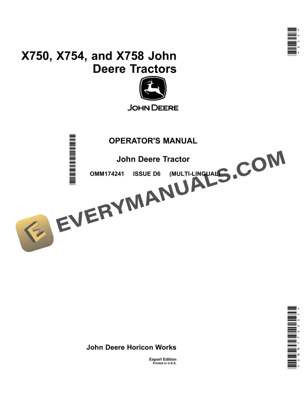 John Deere X750, X754, X758 Tractors Operator Manual OMM174241 1 John Deere X750, X754, And X758 Heavy Duty Garden Tractors Operator Manual OMM174241-1