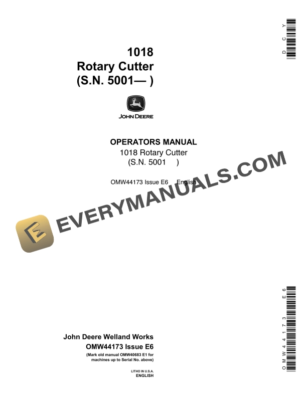 John Deere 1018 Rotary Cutter Operator Manual OMW44173-1