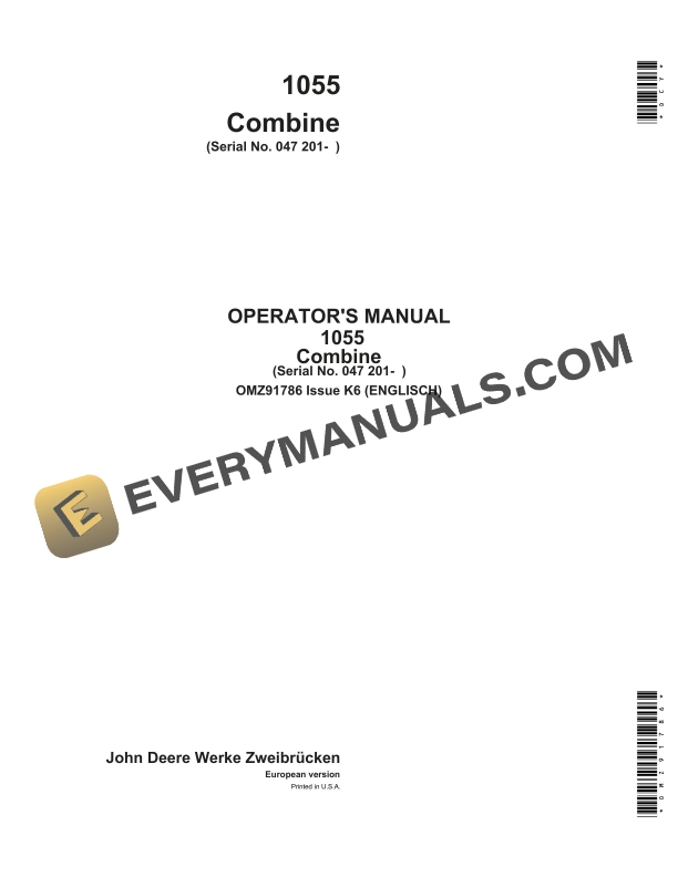 John Deere 1055 Combine Operator Manual OMZ91786-1