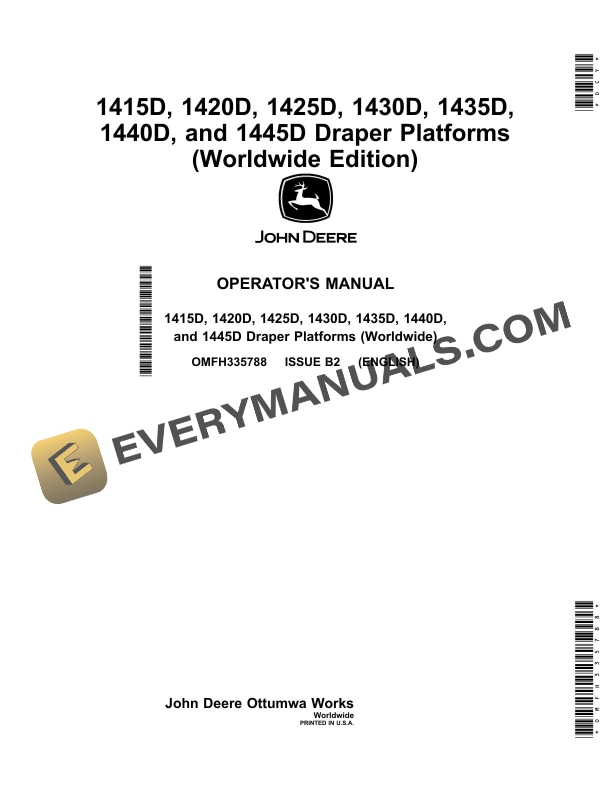John Deere 1415D, 1420D, 1425D, 1430D, 1435D, 1440D, and 1445D Draper Platforms Operator Manual OMFH335788-1