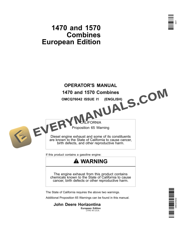 John Deere 1470 and 1570 Combine Operator Manual OMCQ76042-1