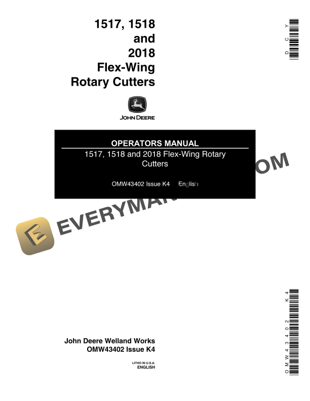 John Deere 1517 1518 and 2018 Flex- Wing Rotary Cutter Operator Manual OMW43402-1