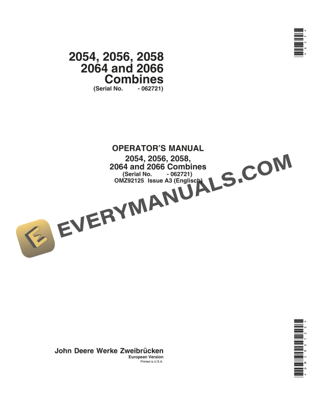 John Deere 2054, 2056, 2058 2064 and 2066 Combine Operator Manual OMZ92125-1