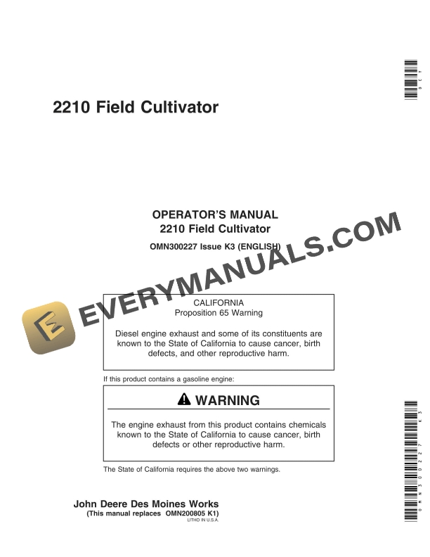 John Deere 2210 Field Cultivator Operator Manual OMN300227-1