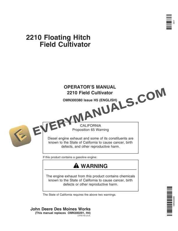 John Deere 2210 Floating Hitch Field Cultivator Operator Manual OMN300380-1