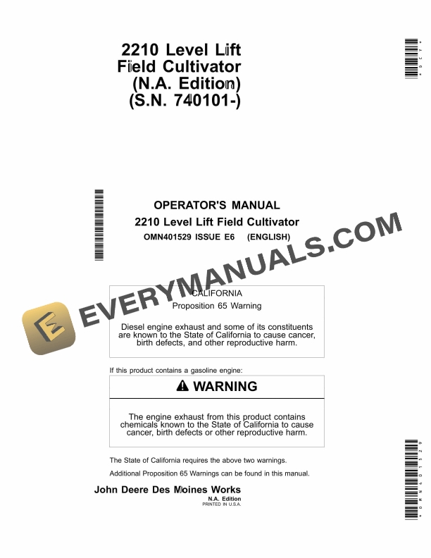 John Deere 2210 Level Lift Field Cultivator Operator Manual OMN401529-1