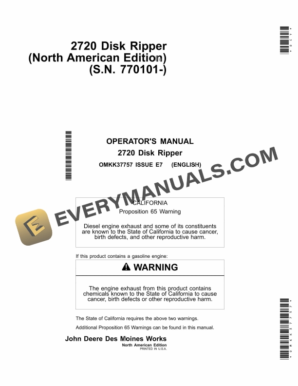 John Deere 2720 Disk Ripper Operator Manual OMKK37757-1