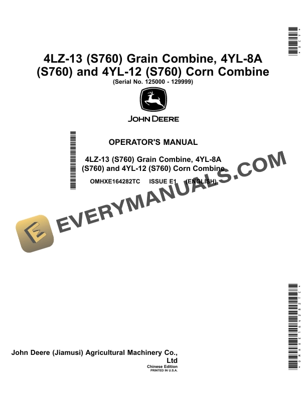John Deere 4LZ-13 (S760) Grain Combine, 4YL Operator Manual OMHXE164282TC-1