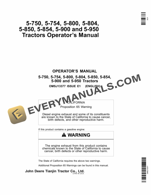 John Deere 5-750, 5-754, 5-800, 5-804, 5-850, 5-854, 5-900 And 5-950 Tractors Operator Manuals OMSJ13377-1