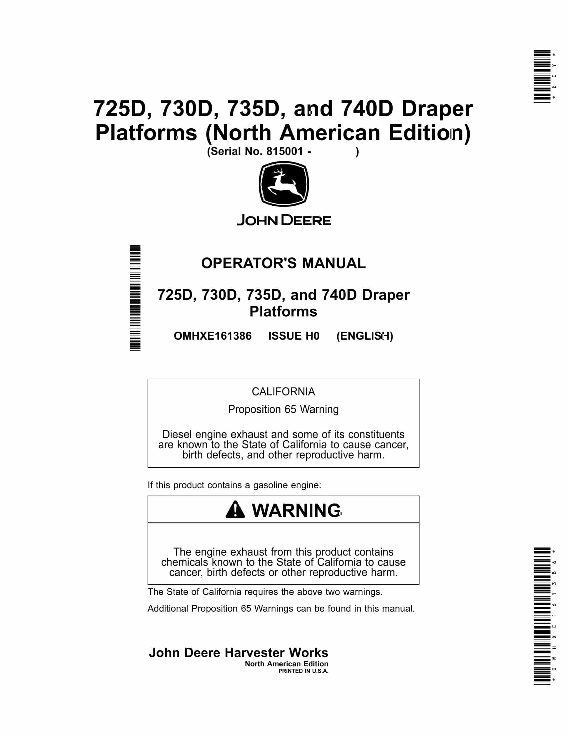John Deere 725D, 730D, 735D, and 740D Draper Platforms Operator Manual OMHXE161386-1