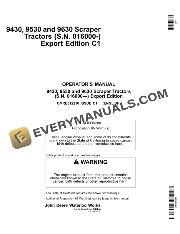 John Deere 9430, 9530 And 9630 Scraper Tractors Operator Manuals OMRE312216-1