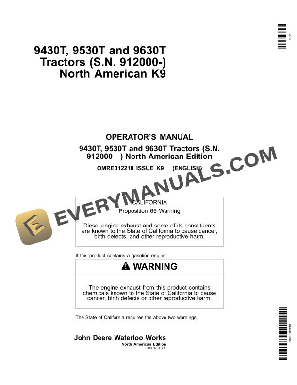 John Deere 9430T 9530T 9630T Tractor Operator Manual OMRE312218-1