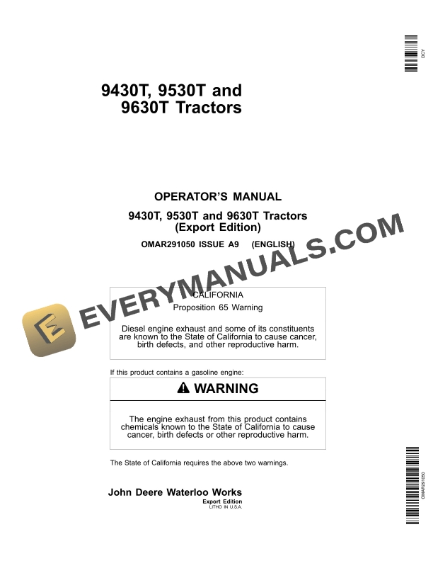 John Deere 9430t 9530t 9630t Tractors Operator Manuals OMAR291050-1